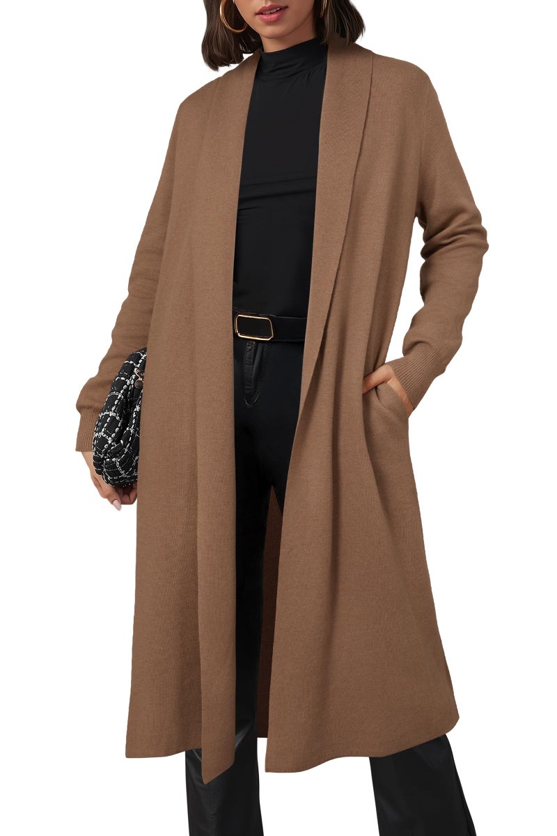 OUGES Women's Long Cardigan Wool Blend Oversized Sweaters Knit Open Front Business Casual Fall Outfits for 2026 Trendy Winter Coatigan Lightweight Coats Jacket Wear to Work with Pocket(Red Camel,M) - Image 1