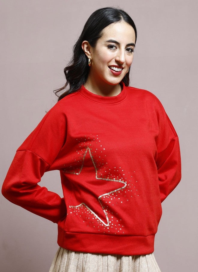 Athena Red Embellished Sweatshirt for Women - Image 3
