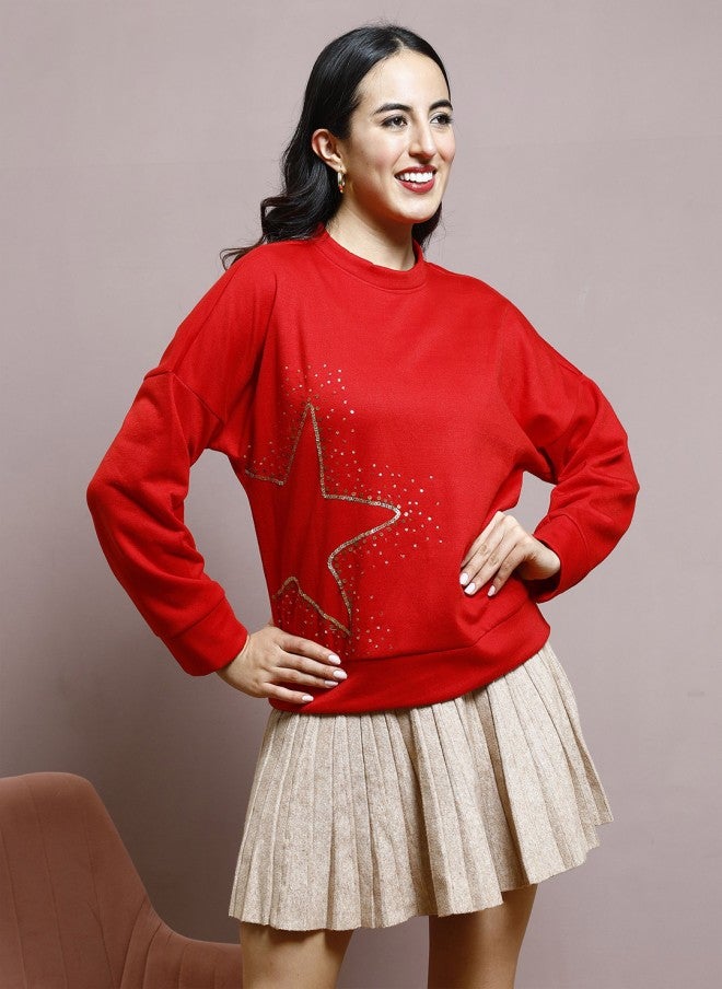 Athena Red Embellished Sweatshirt for Women - Image 5