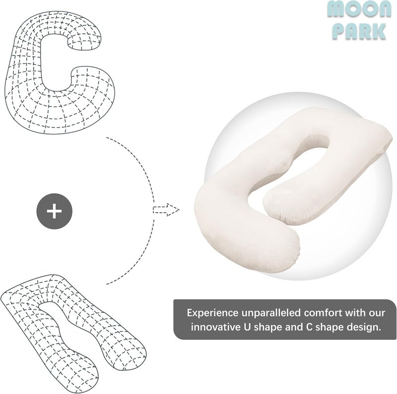 MOON PARK وسادة الحمل للنوم من MOON PARK - وسادة حمل كاملة الجسم على شكل حرف U مع غطاء قابل للإزالة - دعم للظهر والساقين والبطن والوركين - وسادة حمل للنساء بطول 57 بوصة - عاجي - Image 5
