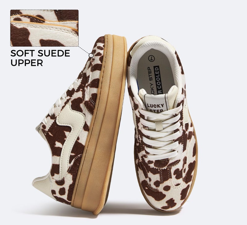 LUCKY STEP Women's Platform Fashion Sneakers Thick Sole Suede Faux Leather Classic Rubber Gum Sole Low Top Casual Walking Shoes(Brown Cow Print,11 B(M) US) - Image 3
