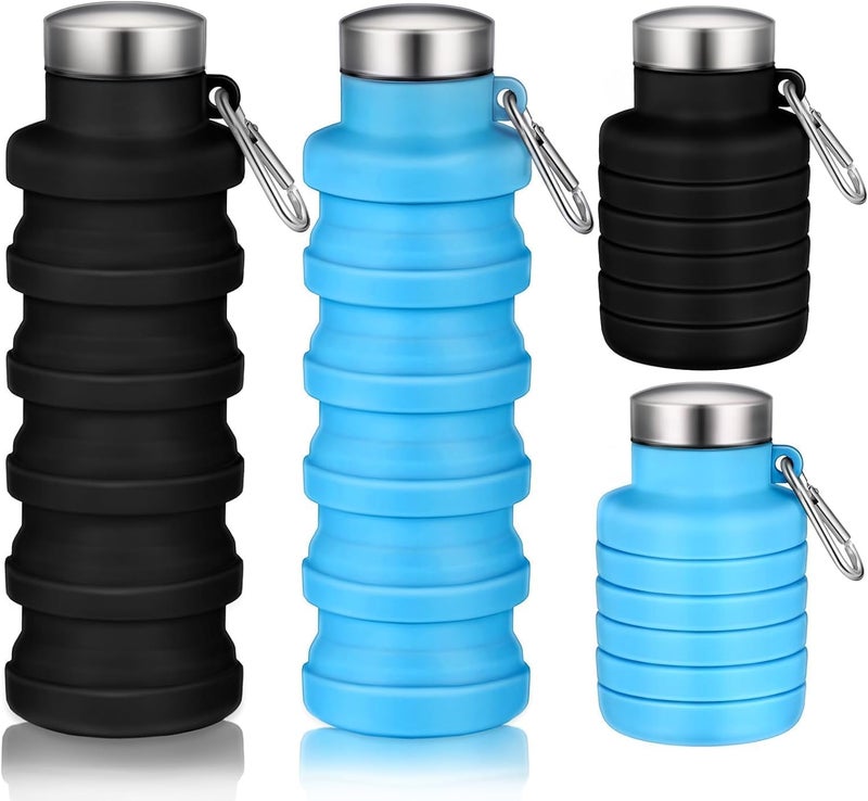 Bukela Collapsible Water Bottles, Bulk Reusable Silicone Foldable Water Bottles, Portable Lightweight Sports Bottle with Carabiner for Gym Hiking Camping Travel, 500ml Blue and Black - Image 1