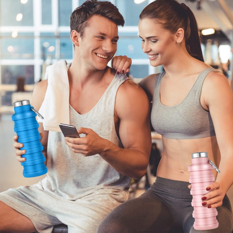 Bukela Collapsible Water Bottles, Bulk Reusable Silicone Foldable Water Bottles, Portable Lightweight Sports Bottle with Carabiner for Gym Hiking Camping Travel, 500ml Blue and Black - Image 4