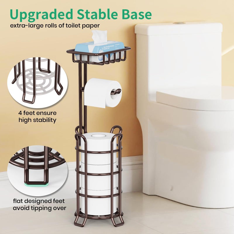 TomCare Toilet Paper Holder Upgraded Toilet Paper Stand with Raised Feet Metal Bathroom Accessories Tissue Paper Dispenser Free Standing Toilet Paper Roll with Storage Shelf (Bronze) - Image 3