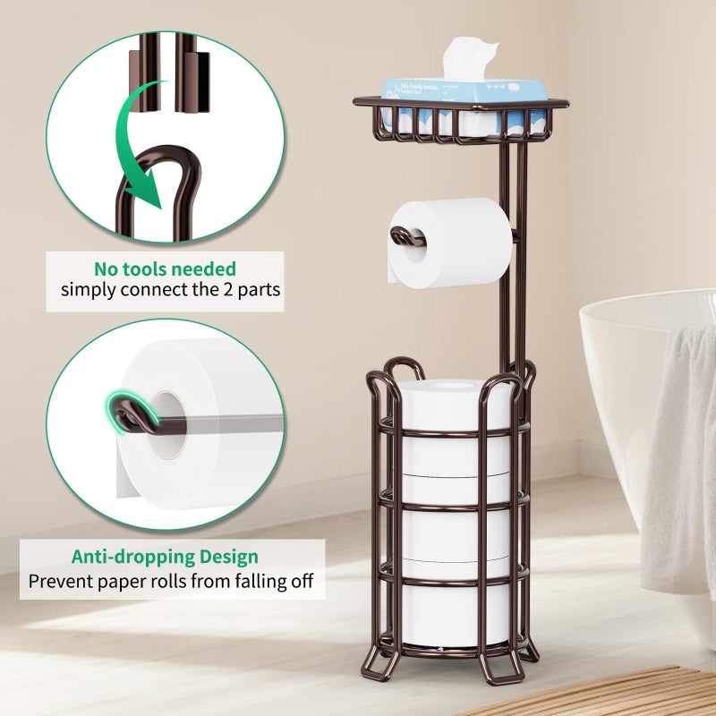 TomCare Toilet Paper Holder Upgraded Toilet Paper Stand with Raised Feet Metal Bathroom Accessories Tissue Paper Dispenser Free Standing Toilet Paper Roll with Storage Shelf (Bronze) - Image 5
