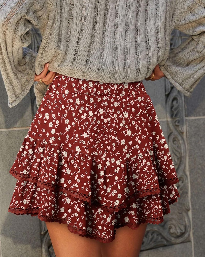 onlypuff Flowy Shorts for Women Ruffle Skorts Cute Mini Skirts Country Concert Outfits Coastal Cowgirl Coachella Outfits Tennis Skort Red White Flower M - Image 3