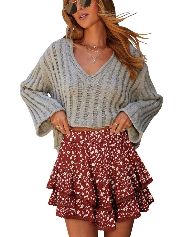 onlypuff Flowy Shorts for Women Ruffle Skorts Cute Mini Skirts Country Concert Outfits Coastal Cowgirl Coachella Outfits Tennis Skort Red White Flower M - Image 4