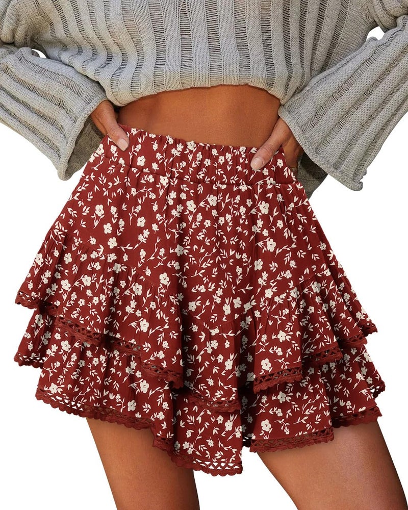 onlypuff Flowy Shorts for Women Ruffle Skorts Cute Mini Skirts Country Concert Outfits Coastal Cowgirl Coachella Outfits Tennis Skort Red White Flower M - Image 2