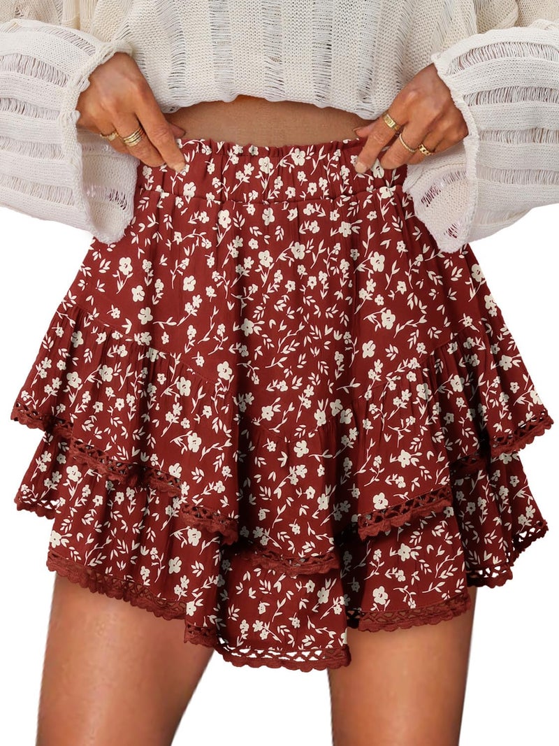 onlypuff Flowy Shorts for Women Ruffle Skorts Cute Mini Skirts Country Concert Outfits Coastal Cowgirl Coachella Outfits Tennis Skort Red White Flower M - Image 1