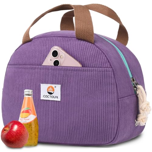 CaCTOUR Lunch Box Lunch Bag for Women Girls Teens Cute Lunch Box Cooler Bag Portable Small Insulated LunchBox Reusable Corduroy Lunch Tote for WorkTravelPicnicSchool Purple - Image 1