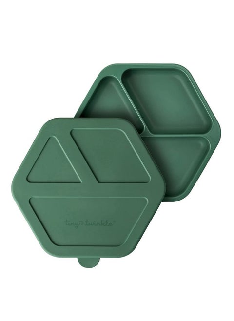Tiny Twinkle Silicone Suction Baby Plate, Suction Grip Divided Dish for First Foods and Self-Feeding Toddlers, Baby Led Weaning Supplies for Independent Eating (Olive Plate with Lid)