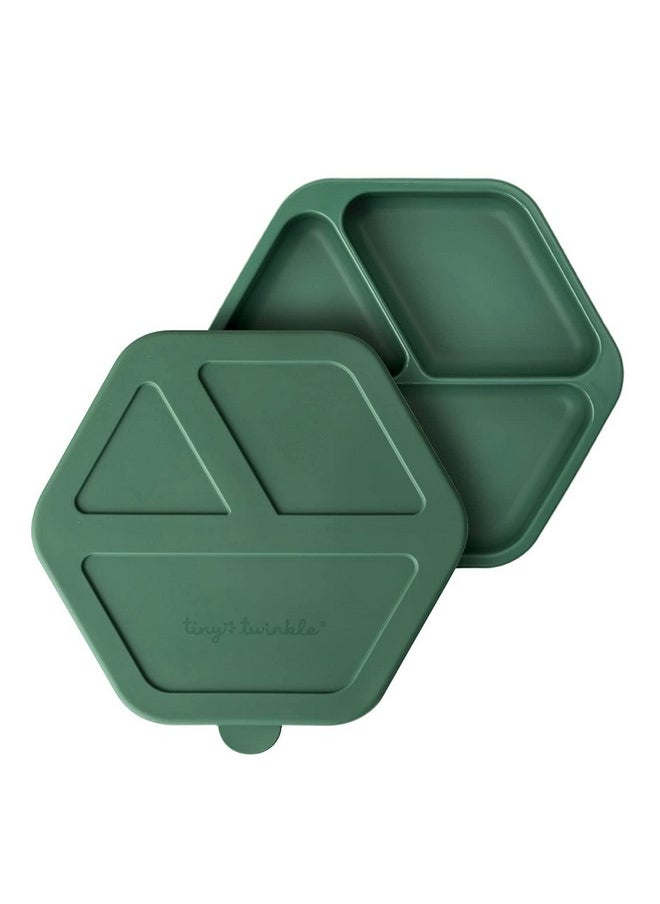 Tiny Twinkle Silicone Suction Baby Plate, Suction Grip Divided Dish for First Foods and Self-Feeding Toddlers, Baby Led Weaning Supplies for Independent Eating (Olive Plate with Lid)