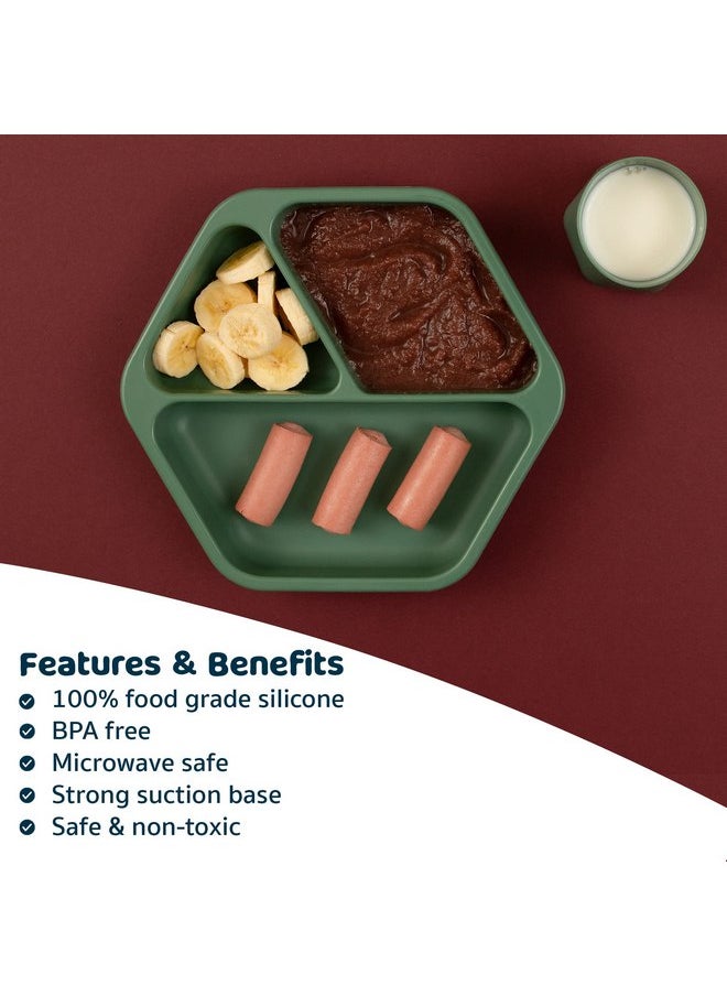 Tiny Twinkle Silicone Suction Baby Plate, Suction Grip Divided Dish for First Foods and Self-Feeding Toddlers, Baby Led Weaning Supplies for Independent Eating (Olive Plate with Lid)