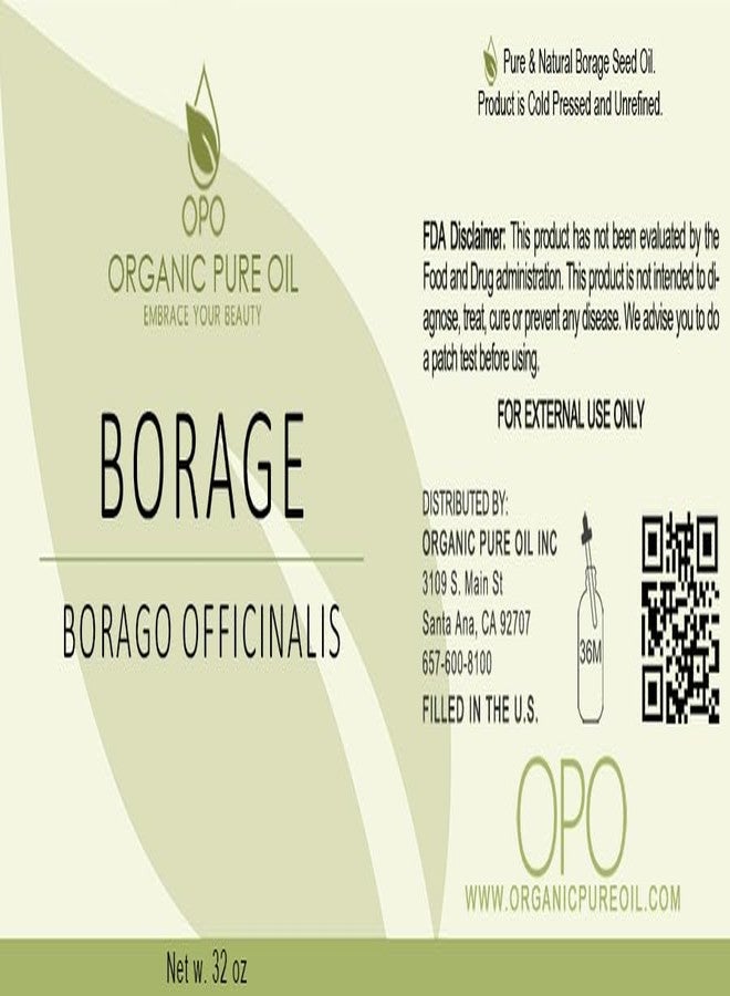OPO زيت بذور البوراج OPO - 32 أونصة - نقي غير مكرر غير معدل وراثيًا، عالي GLA، زيت ناقل طبيعي مرطب بكميات كبيرة للبشرة والشعر والأظافر وصابون الجسم والعديد من الاستخدامات - سائل بوراج فيرجن نباتي - Image 2