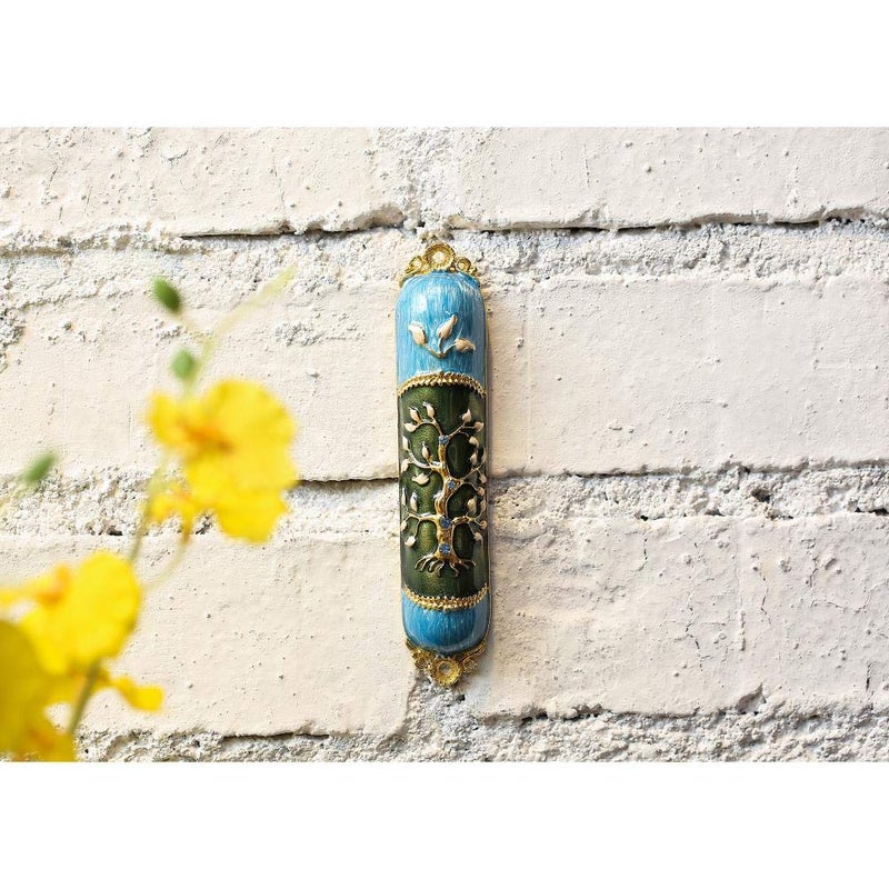 matashi Hand Painted Enamel Mezuzah Embellished with a Tree of Life Design with Gold Accents and Crystals by Matashi, (MTMZ221) - Image 5
