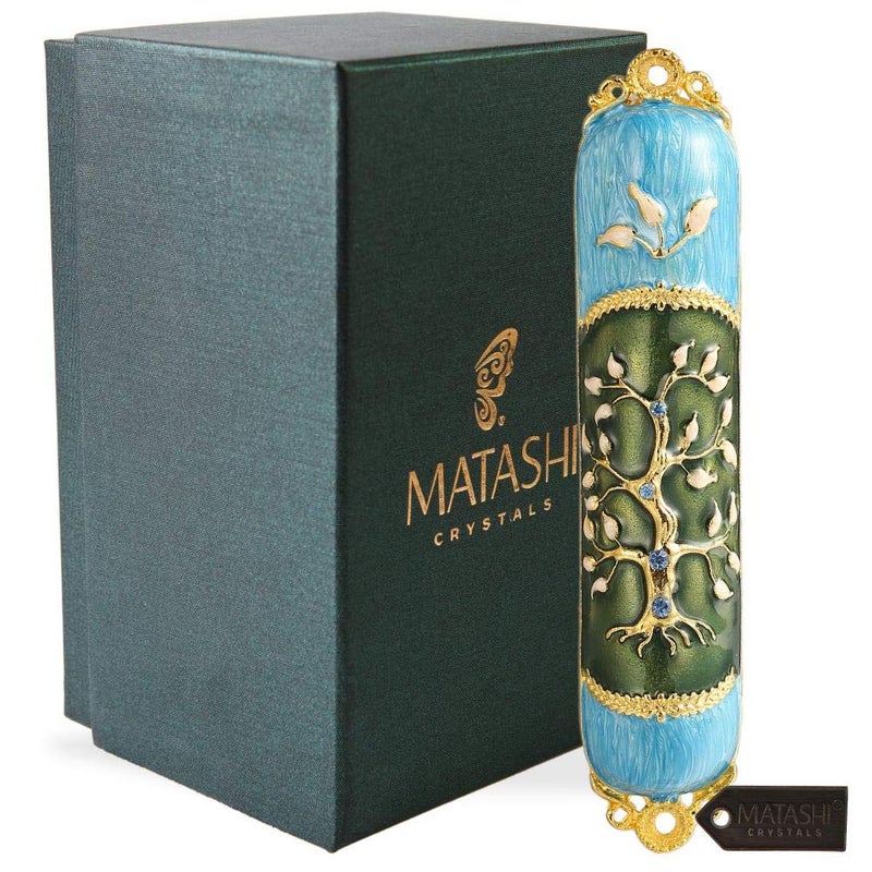 matashi Hand Painted Enamel Mezuzah Embellished with a Tree of Life Design with Gold Accents and Crystals by Matashi, (MTMZ221) - Image 2