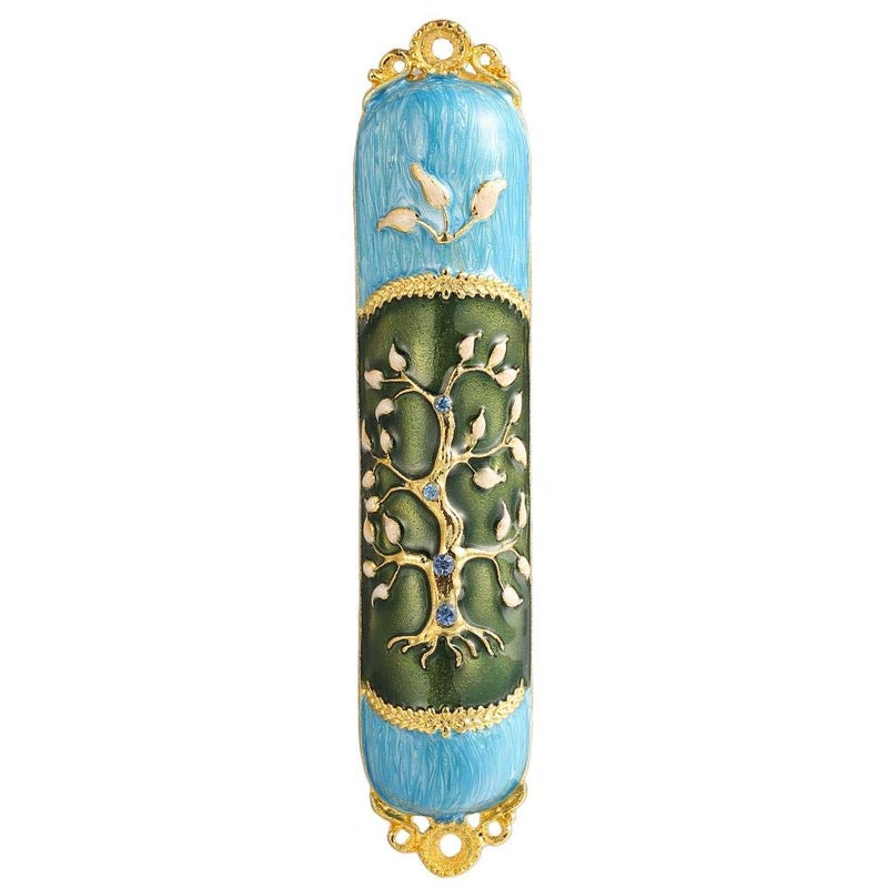 matashi Hand Painted Enamel Mezuzah Embellished with a Tree of Life Design with Gold Accents and Crystals by Matashi, (MTMZ221) - Image 1