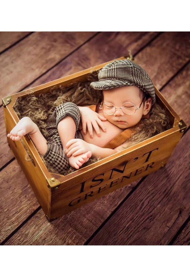 Newborn Photography Props Stripes Cool Boy Retro Plaid Suspenders Flat Bottom Cab Cap Photography Props Duck Tongue Hat Suit Boys Clothing (Dark Gray)  - Image 2