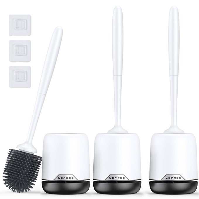 TOILET BRUSH SET WITH VENTILATED HOLDER 3 PACKS SILICONE TOILET BOWL BRUSH FLOOR STANDING WALL MOUNTED SCRUBBER