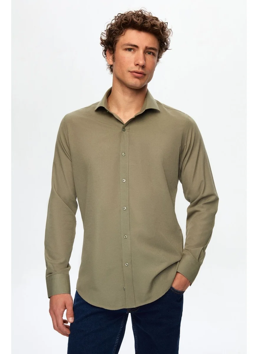 دي أس دامات Slim Fit Khaki Italian Collar Slim Cut Classic Tie Long Sleeve Easy Iron Breathable 2HF02ORT5185