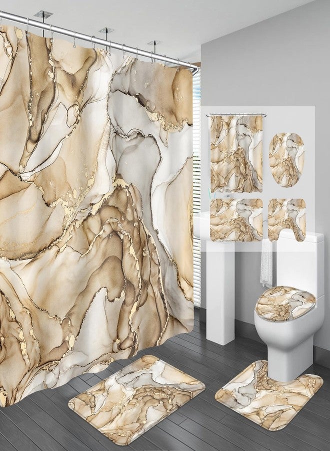 BayNook 4PCS Beige Marble Bathroom Sets with Shower Curtain and Rugs, Abstract Shower Curtain Sets with Rugs for Bathroom Decor, Bathroom Curtains Shower Set with Toilet Lid Cover Accessories - Image 1