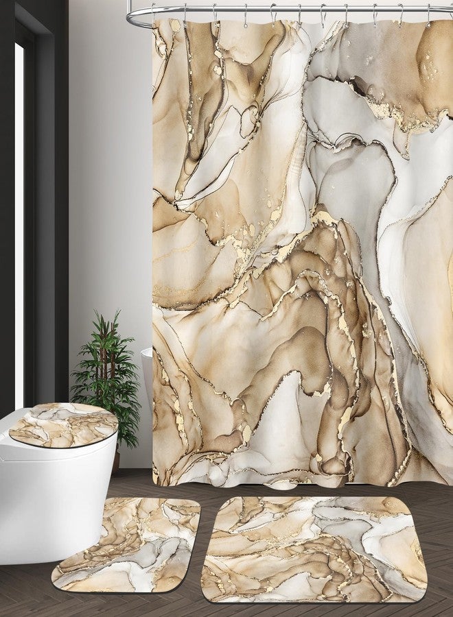 BayNook 4PCS Beige Marble Bathroom Sets with Shower Curtain and Rugs, Abstract Shower Curtain Sets with Rugs for Bathroom Decor, Bathroom Curtains Shower Set with Toilet Lid Cover Accessories - Image 3