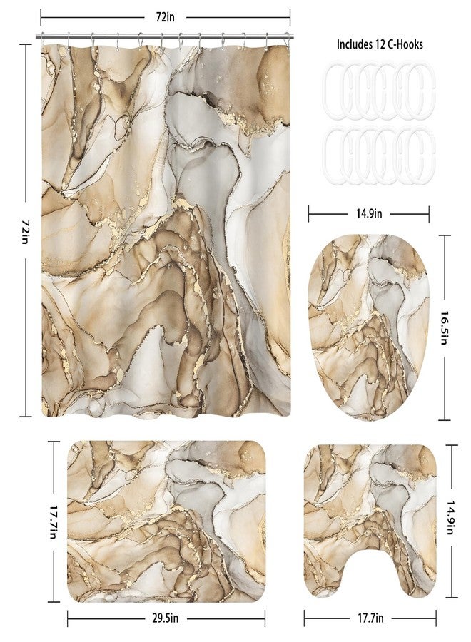 BayNook 4PCS Beige Marble Bathroom Sets with Shower Curtain and Rugs, Abstract Shower Curtain Sets with Rugs for Bathroom Decor, Bathroom Curtains Shower Set with Toilet Lid Cover Accessories - Image 2