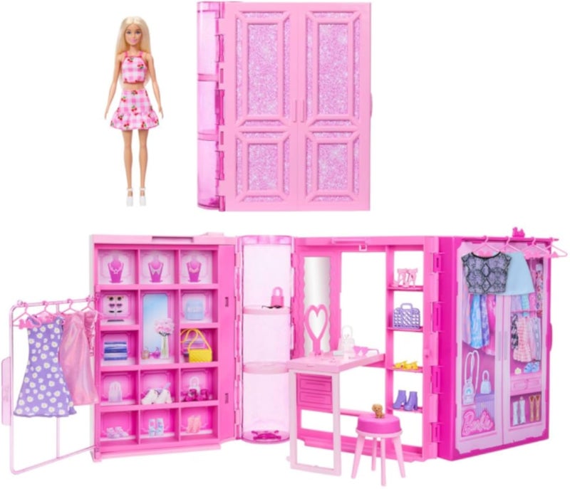 Barbie - Dream Wardrobe, Fashion Blonde Doll Playset, 90+ cm Wide Wardrobe with 25 Clothes and Accessories, 3 Complete Looks Included, Kids Toy 3+ Years, HXD58