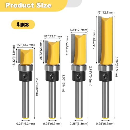 Viemior 4PCS Pattern Flush Trim Router Bit Set, Premium Flush Trim Route Bit 1/4 Shank, 1/2" Cutting Diameter, Bearing Design to Prevent Tear-Out for Woodworking, Milling, Trimming - Image 2