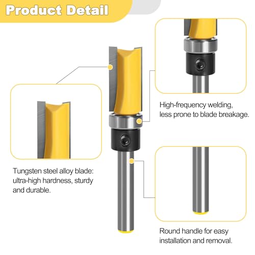 Viemior 4PCS Pattern Flush Trim Router Bit Set, Premium Flush Trim Route Bit 1/4 Shank, 1/2" Cutting Diameter, Bearing Design to Prevent Tear-Out for Woodworking, Milling, Trimming - Image 3