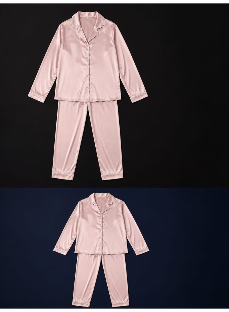 Women's Satin Pajama Set | Long Sleeve Button-Up Shirt & Full-Length Pants | Soft Silk Feel Sleepwear | Pink - Image 3