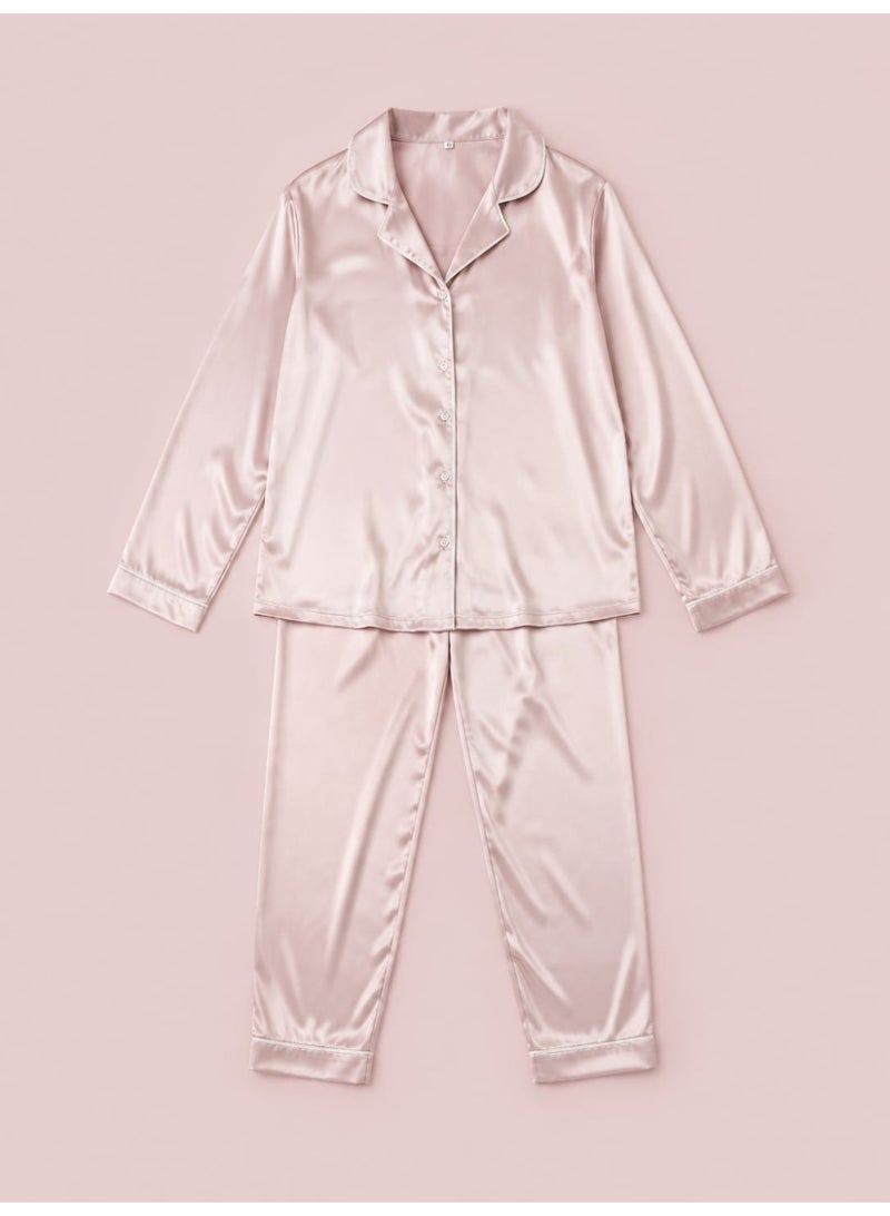 Women's Satin Pajama Set | Long Sleeve Button-Up Shirt & Full-Length Pants | Soft Silk Feel Sleepwear | Pink - Image 4