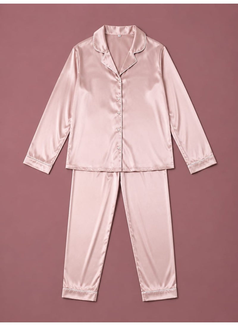 Women's Satin Pajama Set | Long Sleeve Button-Up Shirt & Full-Length Pants | Soft Silk Feel Sleepwear | Pink - Image 2