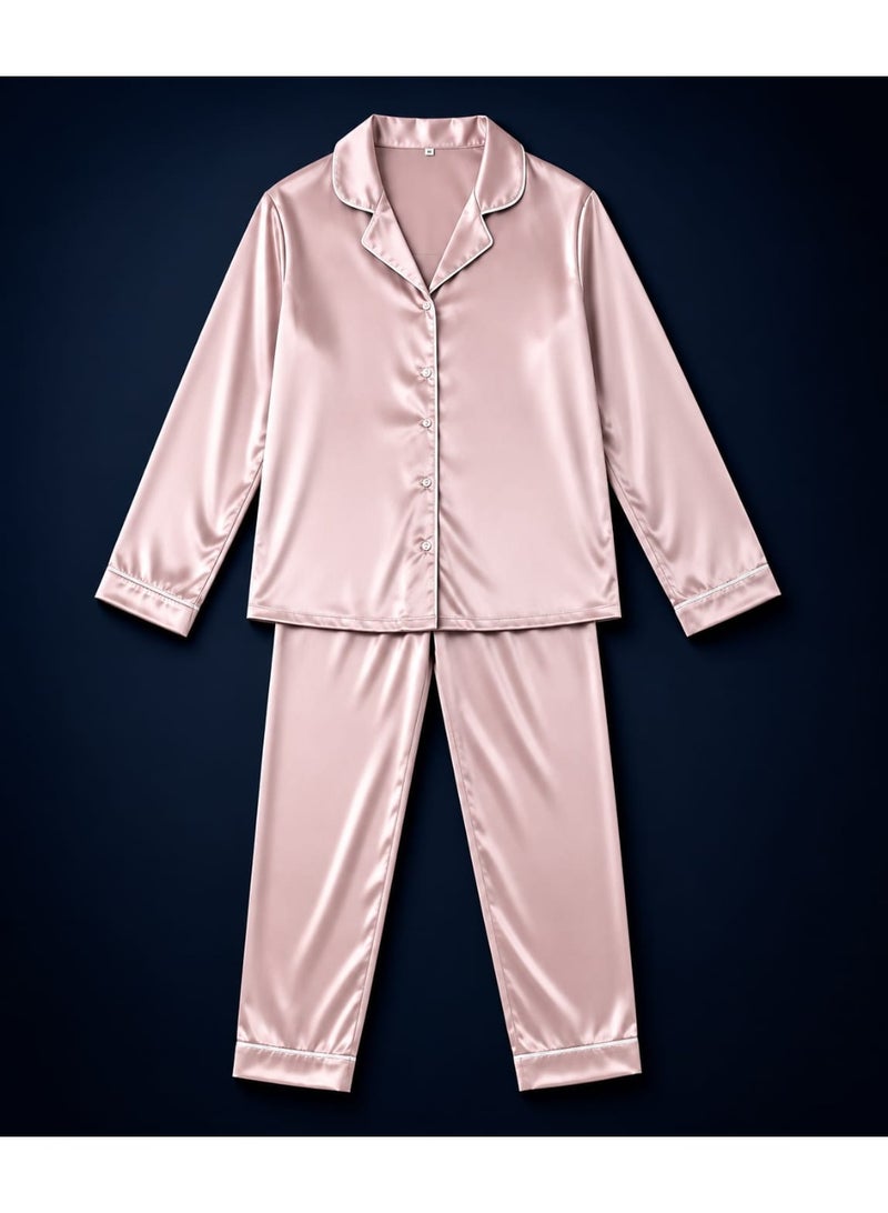 Women's Satin Pajama Set | Long Sleeve Button-Up Shirt & Full-Length Pants | Soft Silk Feel Sleepwear | Pink - Image 1