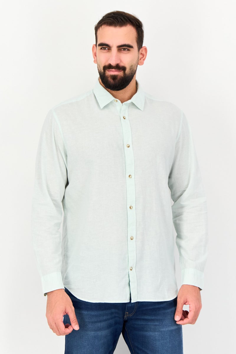 JACK & JONES Men Regular Fit Plain Long Sleeve Casual Shirt, Mint - Image 1