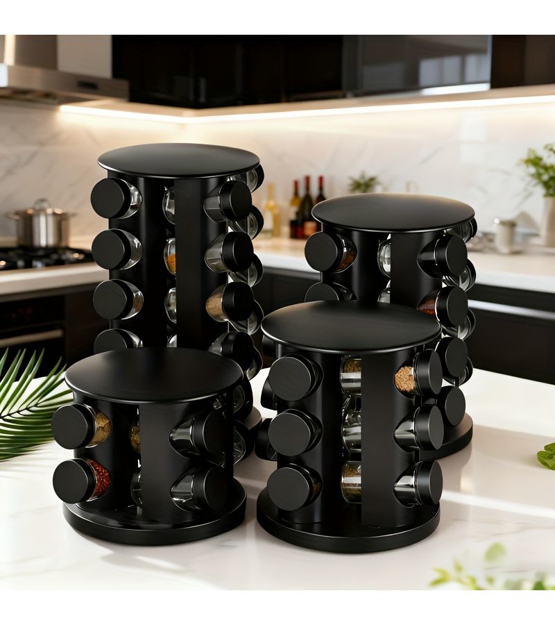A 360 Degree Rotating Matte Black Round Stainless Steel Spice Rack For Kitchen With 12 Thickened Glass Spice Jars Smooth Surface Easy Cleaning - Image 1