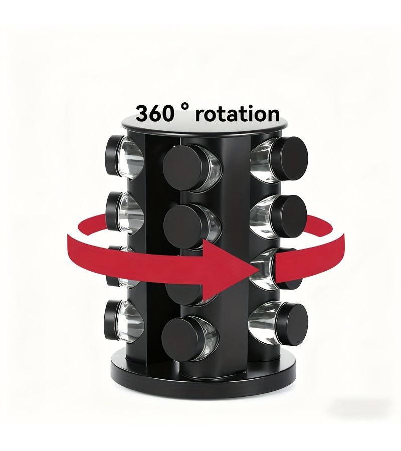 A 360 Degree Rotating Matte Black Round Stainless Steel Spice Rack For Kitchen With 12 Thickened Glass Spice Jars Smooth Surface Easy Cleaning - Image 4