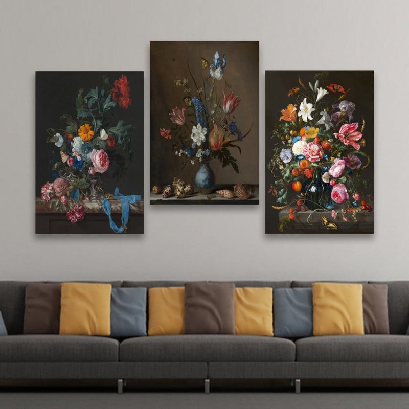 ماركتنا ثلاث لوحات قماشية مودرن بتصميم ورود مع برواز مجوف مقاس (150×70) ثلاث قطع - Image 1