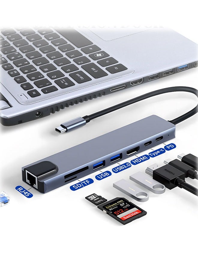 ماركة غير محددة محول موزع USB C 8 في 1، موزع شبكة 4K HD، منفذ PD 100 وات، إيثرنت RJ45، قارئ بطاقات SD/TF، ​​محطة إرساء متوافقة مع أجهزة الكمبيوتر المحمولة وأجهزة التلفزيون MacBook Pro/Air USB C  - Image 1