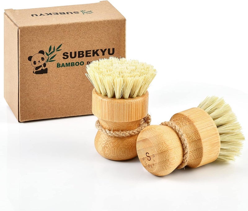 SUBEKYU Bamboo Dish Scrub Brushes for Kitchen, Wooden Cleaning Scrubbers Set for Washing Cast Iron Pan/Pot, Natural Sisal Bristles, Set of 2 - Image 1