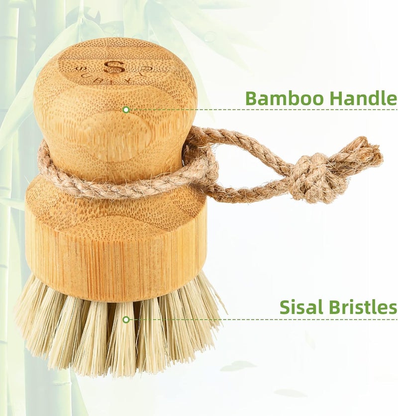 SUBEKYU Bamboo Dish Scrub Brushes for Kitchen, Wooden Cleaning Scrubbers Set for Washing Cast Iron Pan/Pot, Natural Sisal Bristles, Set of 2 - Image 5
