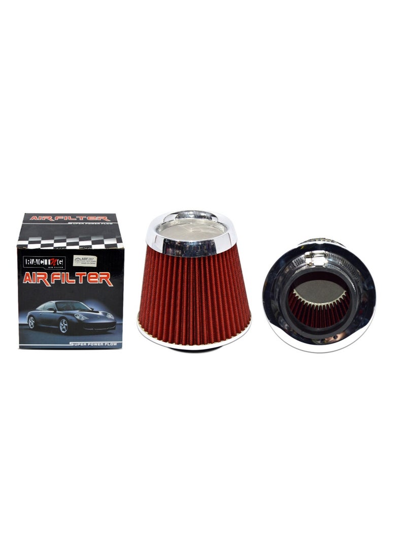 Universal Car Air Filter Modification High Flow Inlet Car Cold Air Intake Air Filter Cleaner, Red+Chrome