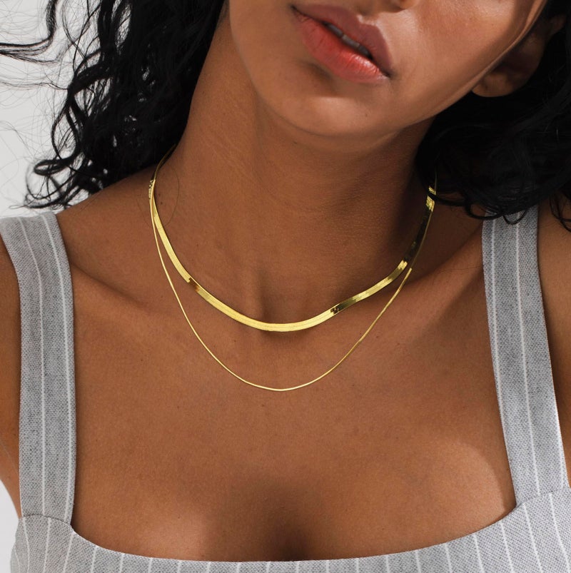 Tewiky 14k Gold Plated Herringbone Layered Necklace Set - Dainty Chain Choker for Women and Women - Image 3