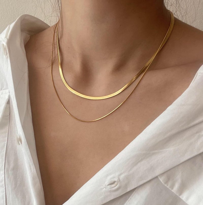 Tewiky 14k Gold Plated Herringbone Layered Necklace Set - Dainty Chain Choker for Women and Women - Image 4