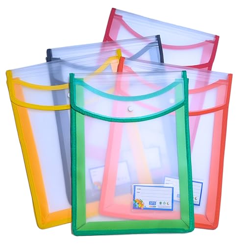 SPS File Folder, Transparent Poly-Plastic A4/Foolscap Documents File Storage Bag with Snap Button Set of 5/Certificate File Folder (Vertical, Multicolor, Pack of 5) - Image 4