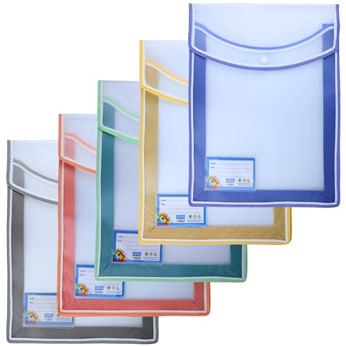 SPS File Folder, Transparent Poly-Plastic A4/Foolscap Documents File Storage Bag with Snap Button Set of 5/Certificate File Folder (Vertical, Multicolor, Pack of 5) - Image 1