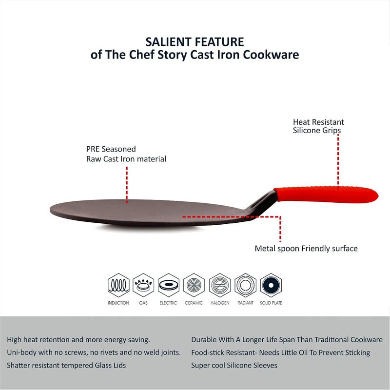 THE CHEF STORY The Chef Story Throwback Series Cast Iron Concave Roti Tawa 26cm PreSeasoned 102 Inch Lifetime Exchange Warranty Unibody Design with no Screw Joints Silicon Sleeves Eco Friendly Induction Gas Electric Solid Plate Radiant Ceramic Halogen Recyclable Iron Toxic Free  - Image 4