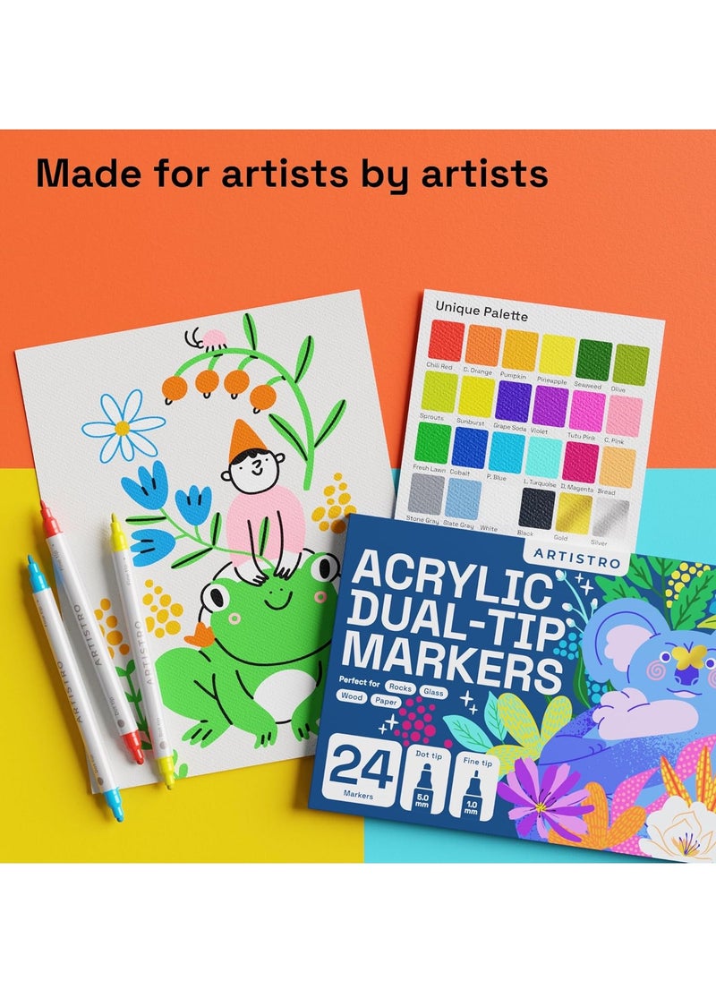 ARTISTRO - ARTISTRO 24 Acrylic Paint Pens, Acrylic Paint Markers, Fabric Markers for Textile, Canvas, Rock, Glass, Wood, Paper, Pumpkin, DIY, Paint Markers for Kids and Adults (Dual Tip Dot + Fine) - Image 1