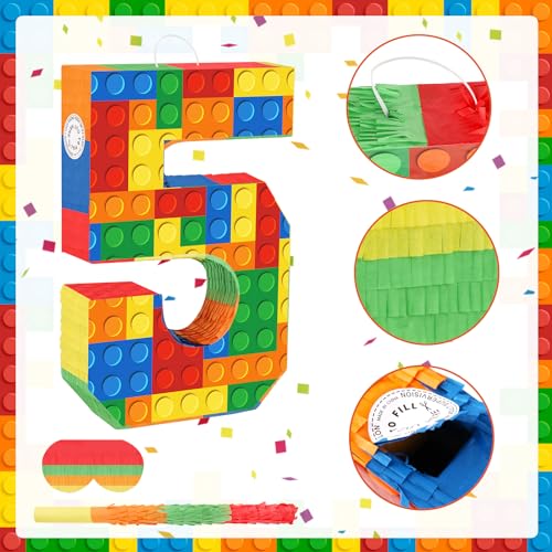 Lemicin Number 5 Pinata Building Blocks 5th Birthday Party Decorations with Stick Blindfold for Kids Girls Boys Fiesta Carnival Games Happy Birthday Anniversary Celebration Party Supplies - Image 5