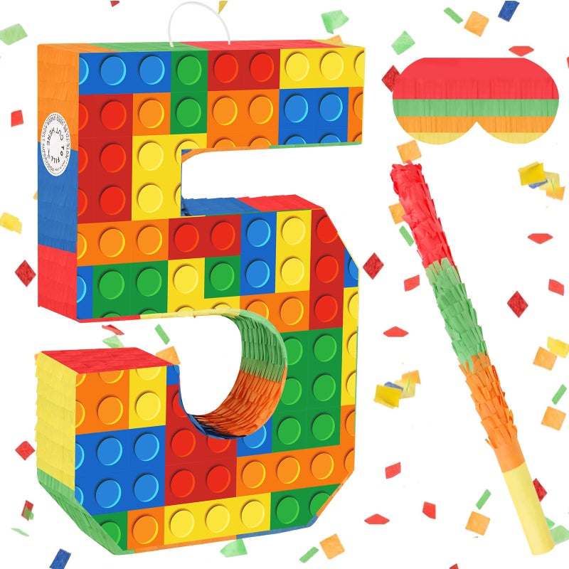 Lemicin Number 5 Pinata Building Blocks 5th Birthday Party Decorations with Stick Blindfold for Kids Girls Boys Fiesta Carnival Games Happy Birthday Anniversary Celebration Party Supplies - Image 3